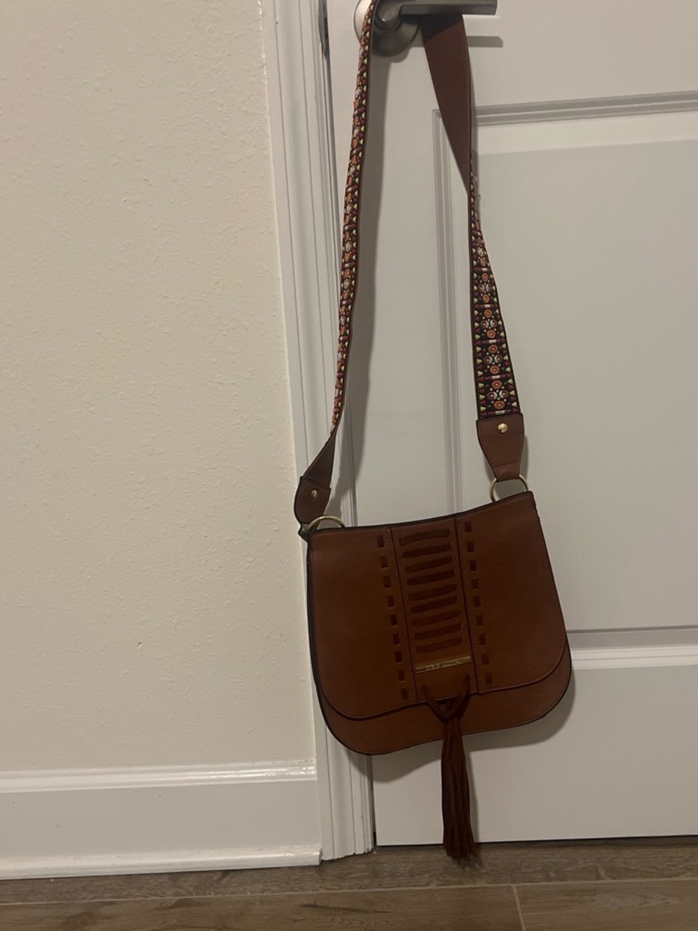 Steve Madden Brown Leather Crossbody Saddle Bag with Woven Strap
